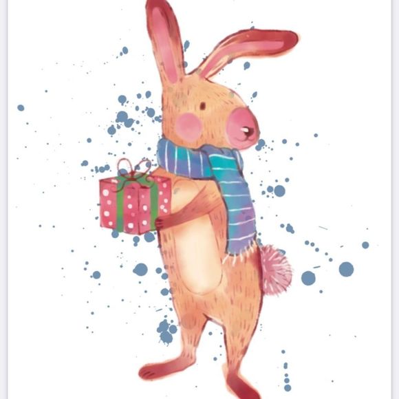 Christmas Animal Wall Art Winter Holiday Bunny with gift home decor art Print - Picture 3 of 4
